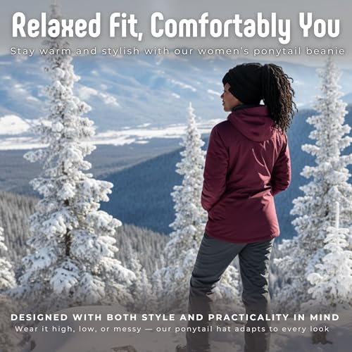 Ponytail Beanie for Women - Winter Hat Soft Stretch Cable Knit High Pony Tail Womens Running Hats - view 3