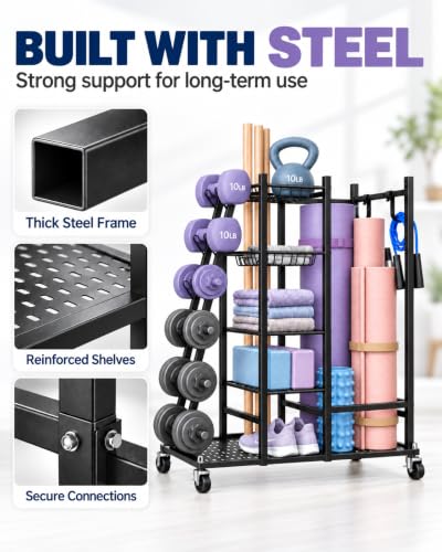 Home Gym Storage Rack with Wheels, Dumbbell Rack & Yoga Mat Organizer - view 4