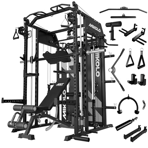 Smith Machine with Weight Stack, Power Cage Home Gym System with LAT Pulldown & Cable Crossover, Multi-Functional Trainer with Dual Pulley System, Includes 10+ Free Attachments