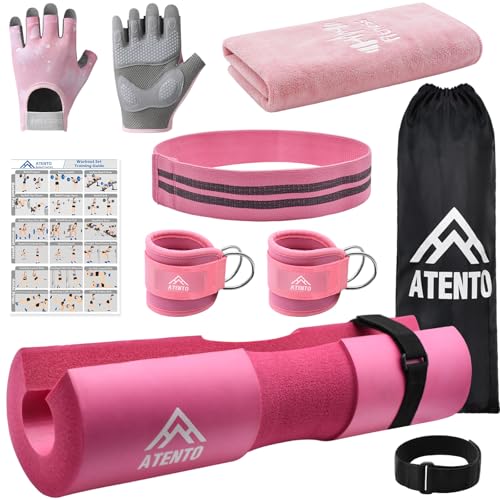 10Pcs Barbell Pad Set with Weight Lifting Belt, Thick Cushion Hip Thrust Pad for Bench Press, Lunges, Workout, Leg Exercise, Squat Bar Pad for Relief Pressure from Neck & Shoulder for Smith machine & Olympic Bars, with 2 Gym Ankle Straps, Hip Resistance B