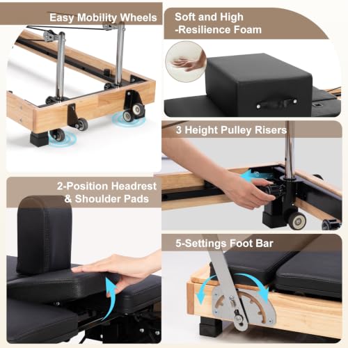 Pilates Reformer Machine, 93'' Wooden Foldable Pilates Reformer with Adjustable Resistance Springs, Studio Grade Pilates Equipment for Home & Gym Workout, Includes Jump Board, Sitting Box - view 4