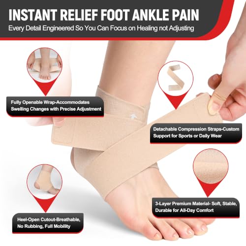 Ankle Brace Compression Sleeve 2 Pack for Women & Men, Fully Openable Wrap Support with Adjustable Strap, Breathable Open-Heel Design for Plantar Fasciitis, Sprained Ankle, Achilles Tendonitis, Sports & Daily Use Beige Medium - view 4