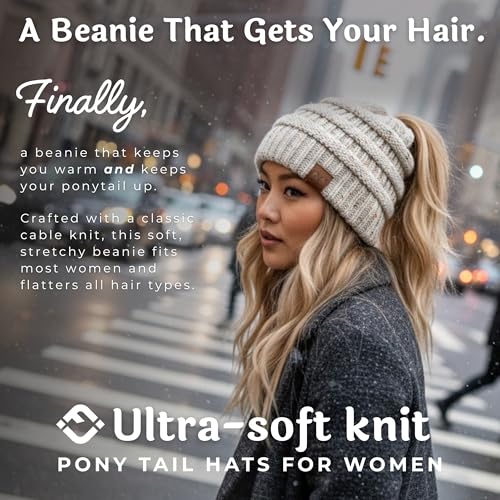 Ponytail Beanie for Women - Winter Hat Soft Stretch Cable Knit High Pony Tail Womens Running Hats - view 4