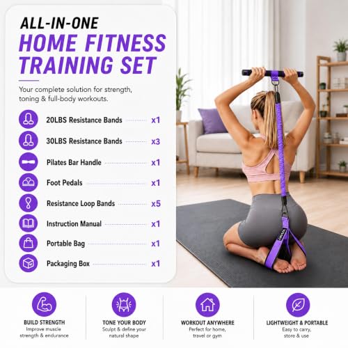 Multifunction Pedal Resistance Band Set with Handles, 4 Tube System 3x30LB + 1x20LB, 5 Loop Bands, Home Workout Kit for Legs, Glutes, Core & Pilates, Gift for Women - view 5