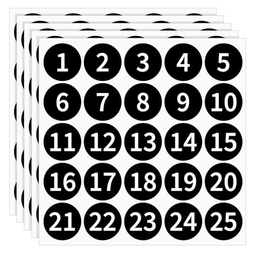 1-25 Consecutive Number Stickers, 5 Sheets 1.2 Inch Self-Adhesive Small Circle Vinyl Numbered Decal Labels Waterproof for Fitness Equipment Inventory Storage Boxes Toolbox Lockers(Black)
