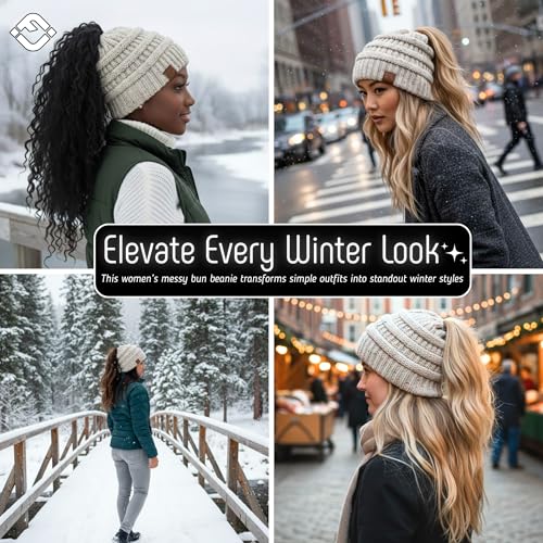 Ponytail Beanie for Women - Winter Hat Soft Stretch Cable Knit High Pony Tail Womens Running Hats - view 6