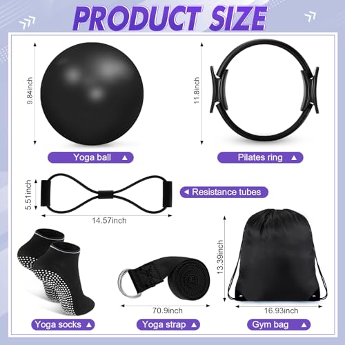 18 Pcs Home Pilates Kit for Women Pilates Ball and Ring Circle Set Yoga Fitness Essential with 5 Resistance Band Stretching Strap Non Slip Sock Ball Core Slider Wristband Headband Gym Bag - view 2