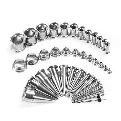 36PCS Ear Gauge Stretching Kit Stainless Steel Double Flare Alloy Tapers 3 In 1 Plugs Set Eyelet 14G-00G