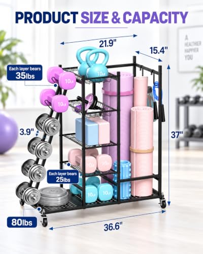 Home Gym Storage Rack with Wheels, Dumbbell Rack & Yoga Mat Organizer - view 5