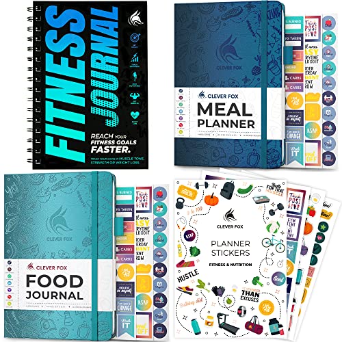 Wellness Bundle – Food Journal, Meal Planner, Fitness Journal & Fitness Stickers – A5 Notebooks for Weekly Meal & Workout Tracking – Weight Loss & Exercise Diary Bundle for Women & Men
