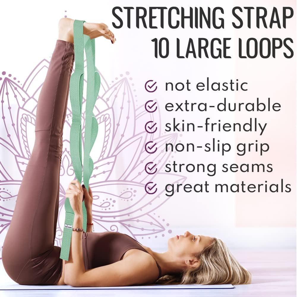Stretching Strap with 10 Loops for Physical Therapy & Rehab | Non-Elastic Yoga Stretch Band for Hamstring, Leg, Hip & Knee Rehab, Pilates, Flexibility & Mobility Exercises for Men & Women - view 2