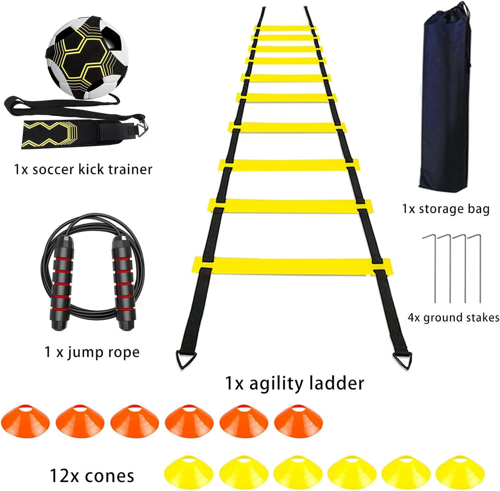 Agility Ladder Soccer Training Equipment Kit, 20ft Speed Ladder | Football Gifts for Boys 8-12 with 12 soccer Cones, Solo Trainer, Jump Rope, Suitable for Home Gym and Playground - view 3