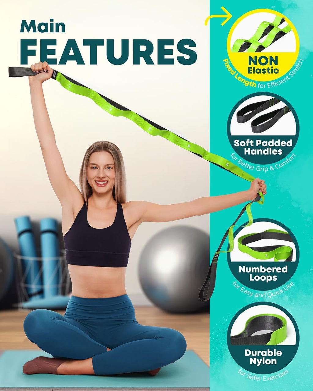 Stretching Strap with Loops, Non Elastic Stretch Band for Physical Therapy | Video Exercises Included - Yoga Strap for Stretching Equipment and Flexibility - view 3