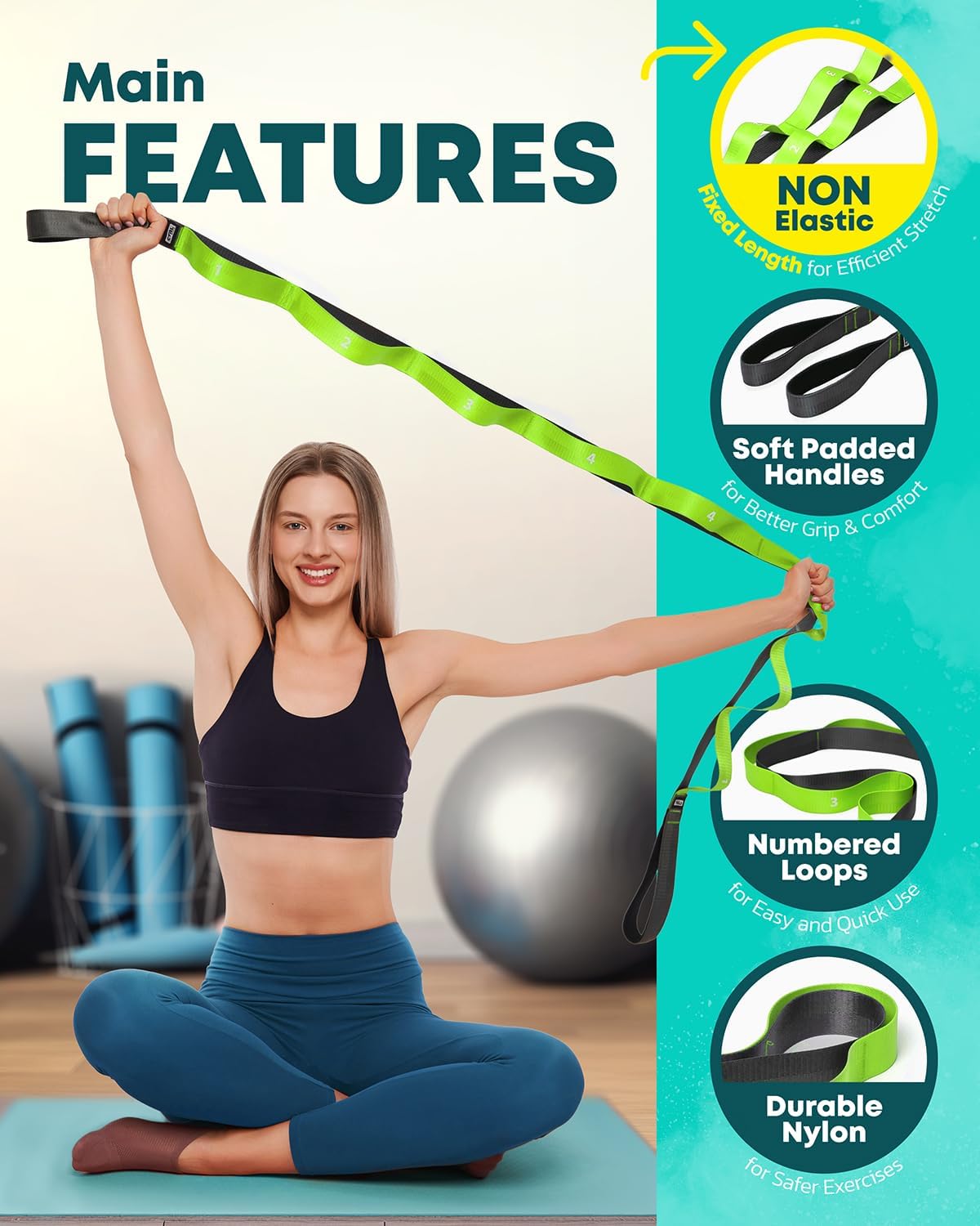 Stretching Strap with Loops, Non Elastic Stretch Band for Physical Therapy | Video Exercises Included - Yoga Strap for Stretching Equipment and Flexibility - view 3