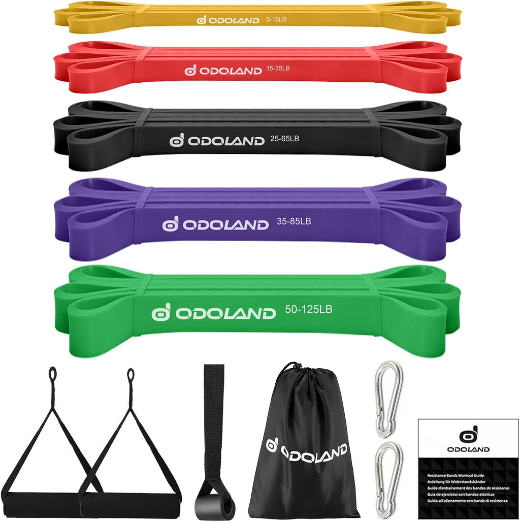 5 packs pull up assist bands, pull up straps, resistance bands with door anchor and handles, stretch mobility, powerlifting and extra durable exercise bands with eguide