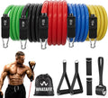 Resistance bands with handles, 5-level exercise bands for workout | natural latex, 10-50 lbs, stackable to 150, ankle straps, door anchor, guide. For strength, yoga, home gym, travel & workout