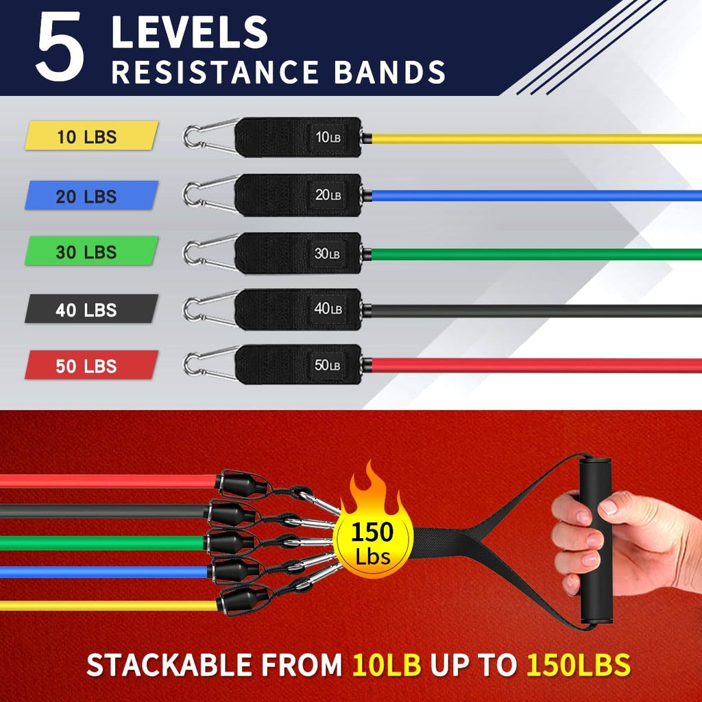 Resistance bands with handles, 5-level exercise bands for workout | natural latex, 10-50 lbs, stackable to 150, ankle straps, door anchor, guide. For strength, yoga, home gym, travel & workout - view 4