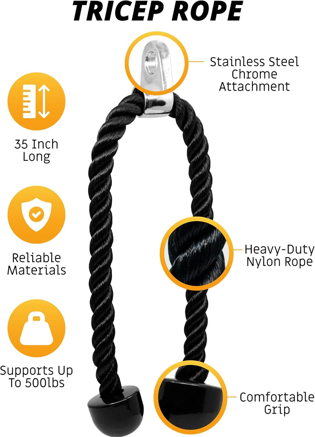 Tricep rope cable attachment, 35" rope pull down attachment, cable attachments for gym, cable handles gym equipment, gym rope pull down, rope attachment for cable machine, gym rope pull down - view 2