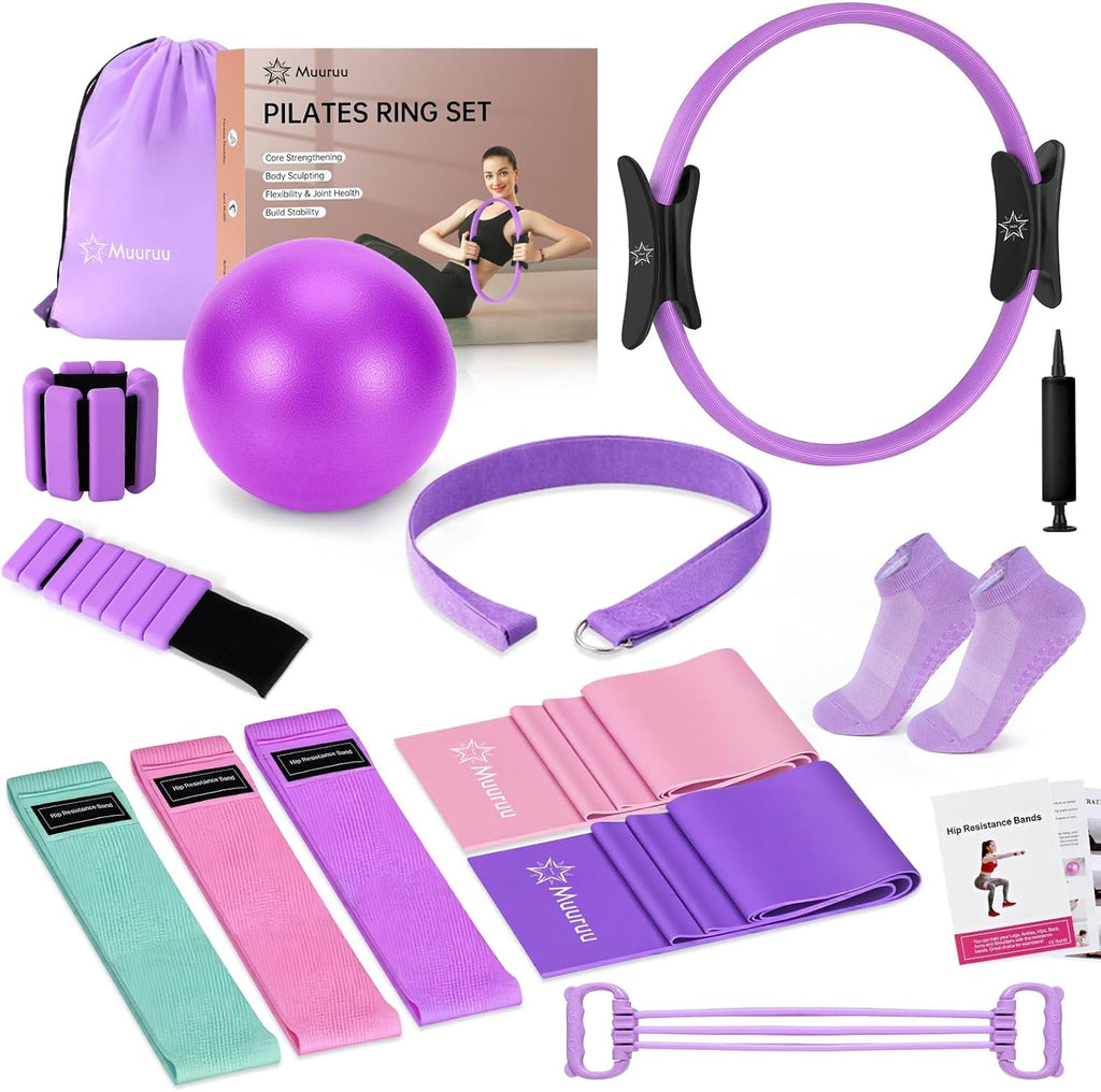 Pilates kit equipment, pilates ring and ball for women home workout | pilates set with 14'' magic circle, wrist weights, resistance bands, yoga strap, socks, bag, essentials accessories kit
