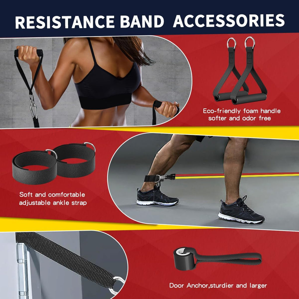 Resistance bands with handles, 5-level exercise bands for workout | natural latex, 10-50 lbs, stackable to 150, ankle straps, door anchor, guide. For strength, yoga, home gym, travel & workout - view 3