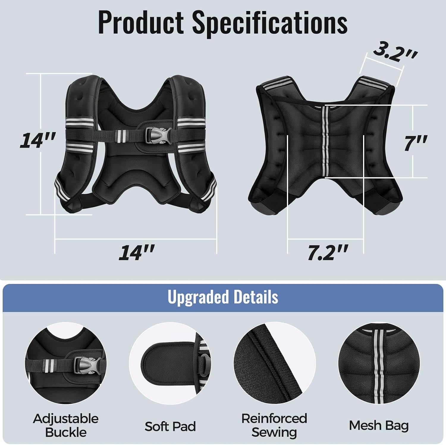 Weighted vest, 6lb/8lb/10lb/12lb/15lb/18lb/20lb/24lb/30lb for men women, reflective stripe adjustable buckle, comfortable durable rucking vest for walking running strength training - view 6