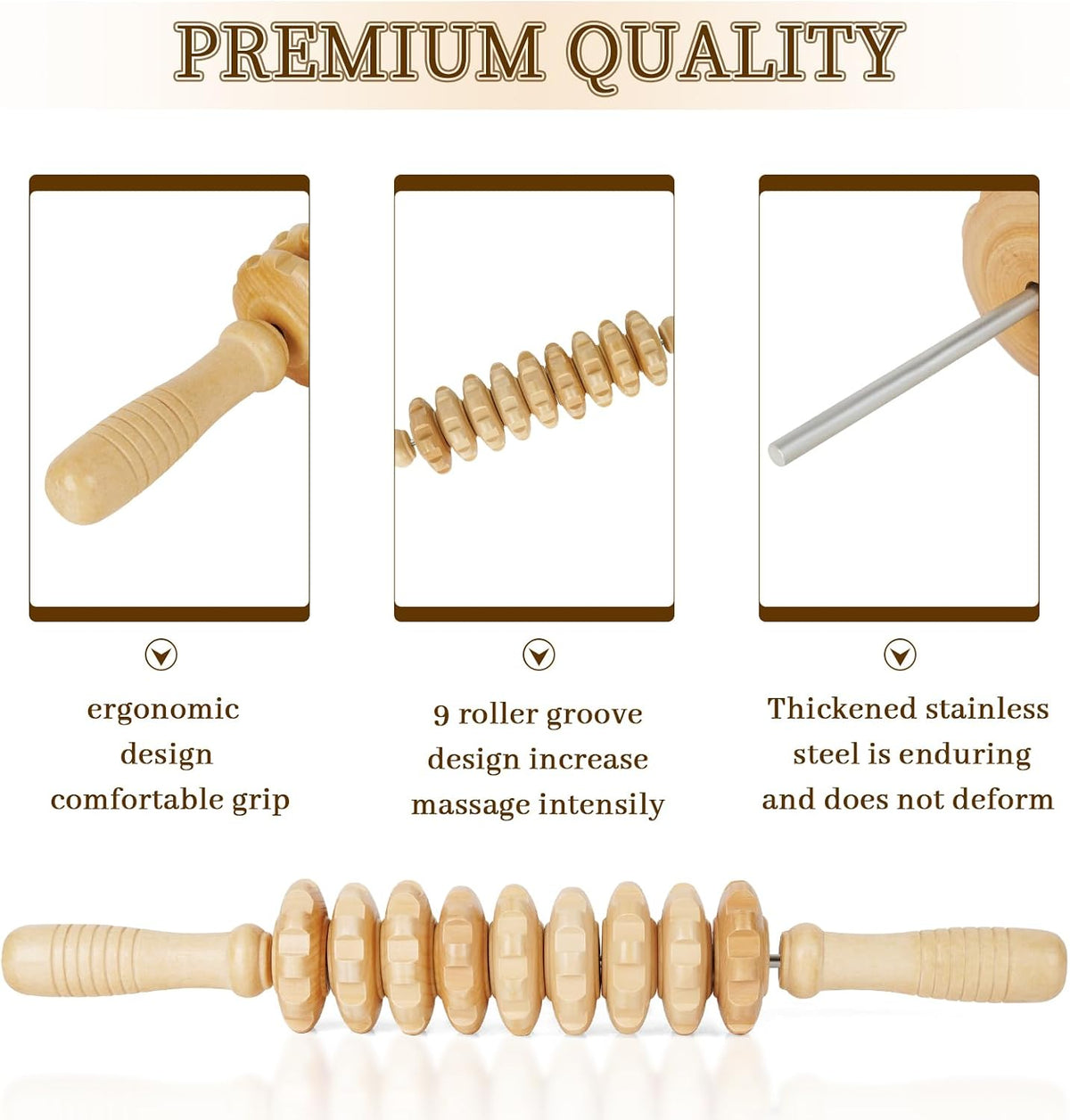 Manual Wooden Massage Roller Stick for Legs, Smooth Body Roller | Straight-9-Wheel Massager, Wood Therapy Massage Tools for Trigger Points Relief, Sore Muscle Recovery - view 6