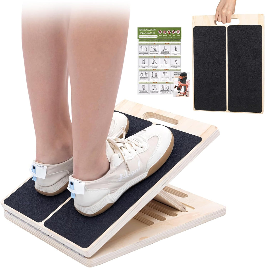 Slant board for calf stretching, 5 angle portable adjustable calf wooden stretch board with training poster, 300lb weight capacity for ankle heel feet leg knees physical therapy equipment