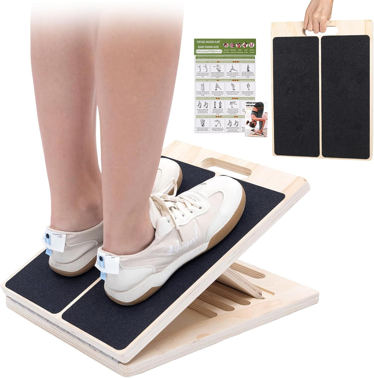 Slant board for calf stretching, 5 angle portable adjustable calf wooden stretch board with training poster, 300lb weight capacity for ankle heel feet leg knees physical therapy equipment