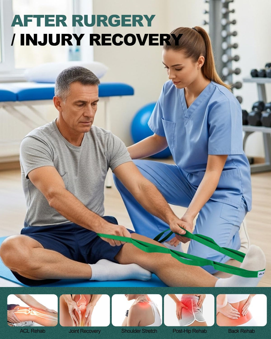 Stretching Strap with Loops & Leg Lifter, Non-Elastic PT-Style Physical Therapy Strap for Knee Replacement Rehab, Hamstring, Calf & Back Stretcher Mobility, Hip, Shoulder & Yoga - view 3