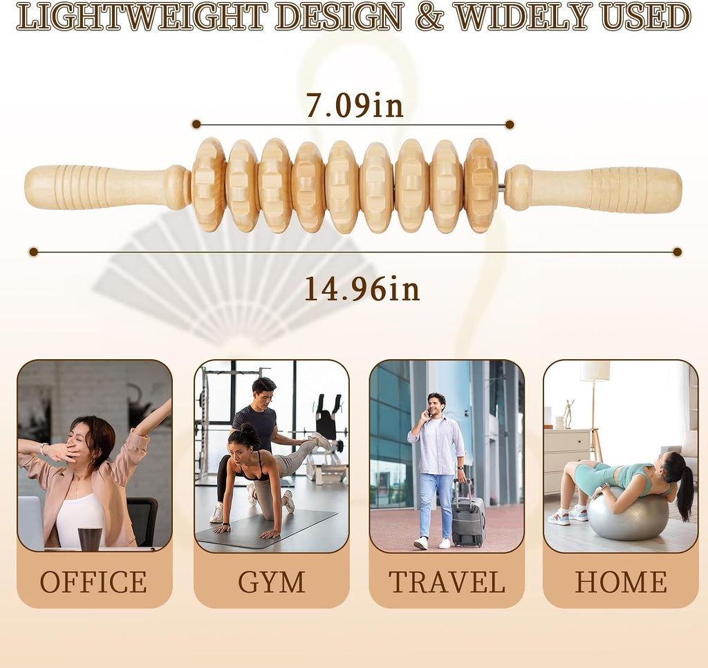 Manual Wooden Massage Roller Stick for Legs, Smooth Body Roller | Straight-9-Wheel Massager, Wood Therapy Massage Tools for Trigger Points Relief, Sore Muscle Recovery - view 2