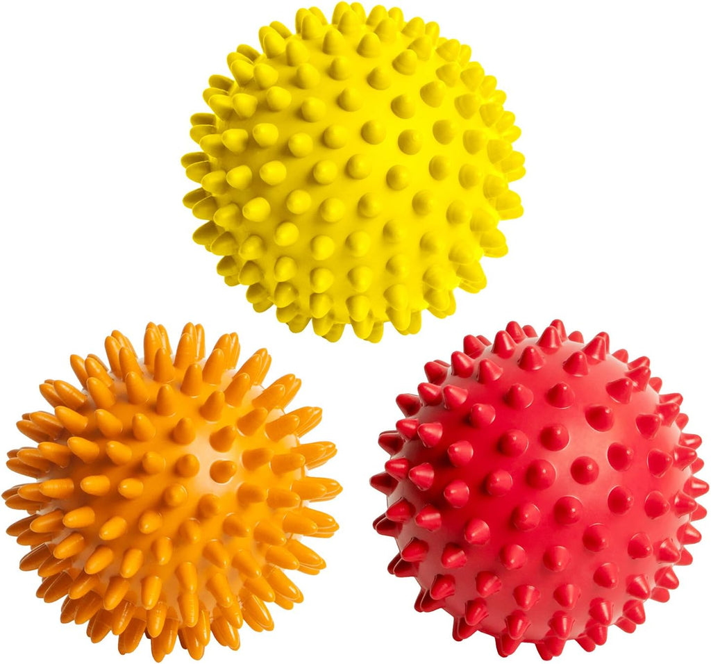 Spiky massage balls for feet, back, hands, muscles - firm, medium and soft spiked massager rollers for plantar fasciitis, exercise, neuro-balance, physical therapy, 3-inch
