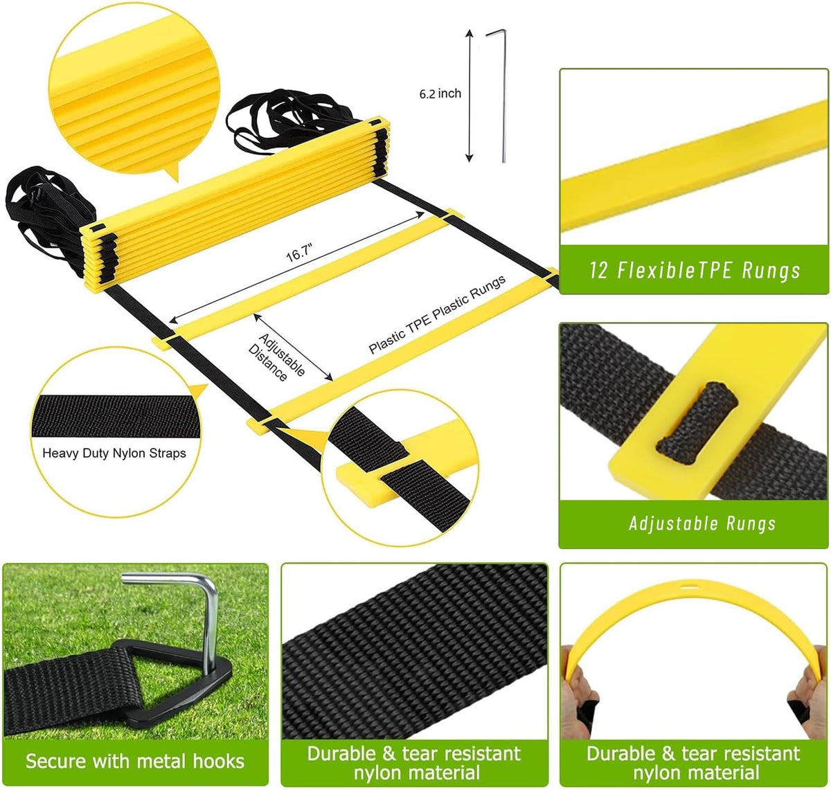 Agility Ladder Soccer Training Equipment Kit, 20ft Speed Ladder | Football Gifts for Boys 8-12 with 12 soccer Cones, Solo Trainer, Jump Rope, Suitable for Home Gym and Playground - view 4