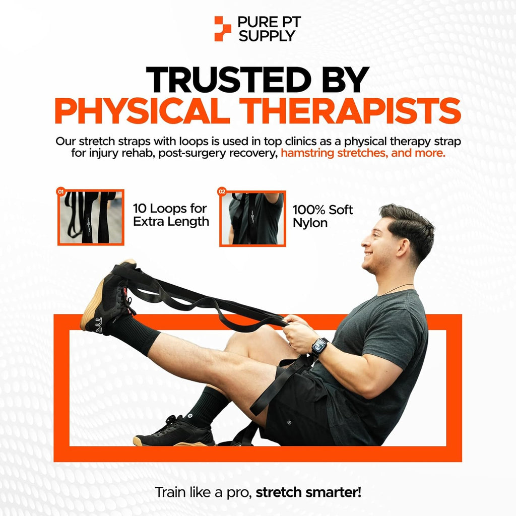 Pure PT Stretching Strap, 10 Loops, Non-Elastic Stretch Strap, Yoga Strap | Flexibility Training, Non-Elastic, Leg & Hamstring Stretcher, Rehab, Pilates, Home & Gym Use, Workout Guide Included - view 2
