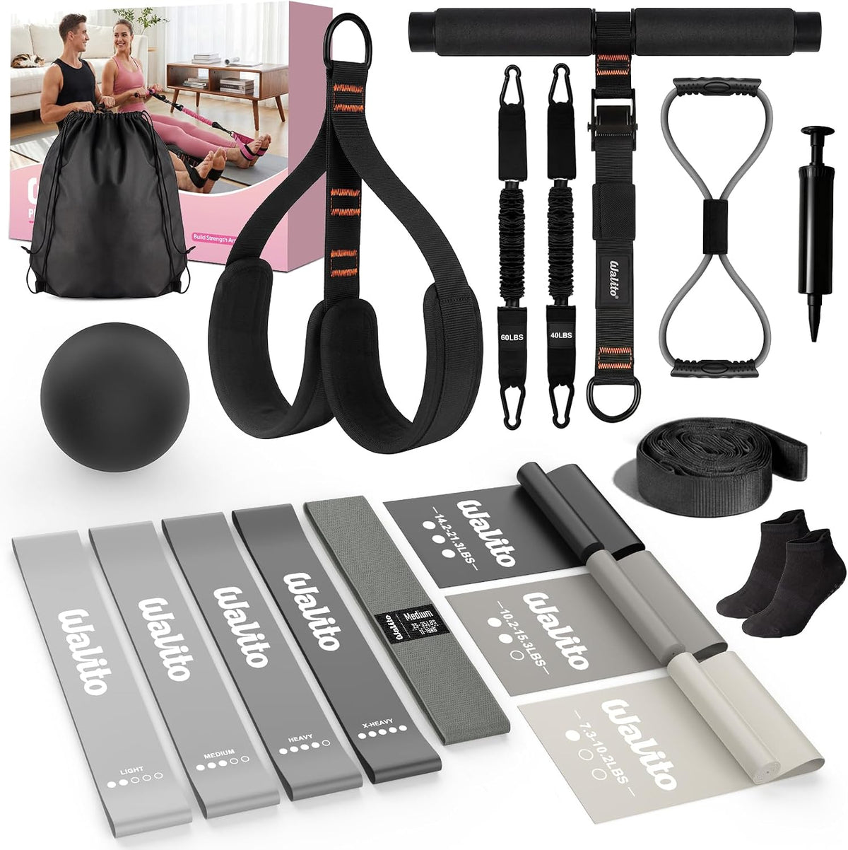 15 PCS Pilates Kit, Adjustable Pedal Resistance Band with Handle, Figure 8 Resistance Band for Exercise Women, At Home Workout Equipment Set with Yoga Ball & Booty Bands for Full Body Gym
