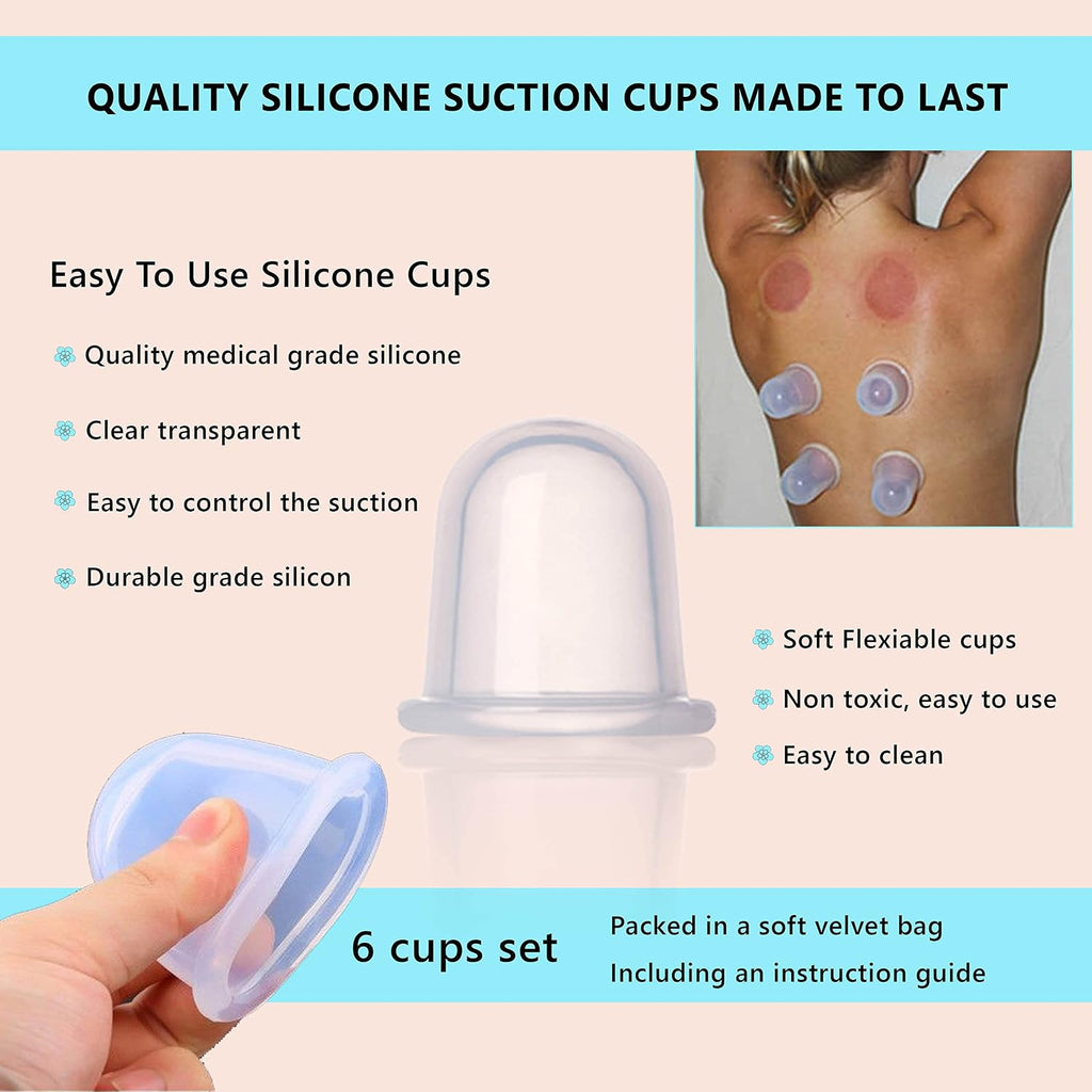 Silicone cupping set, 6 massage cups, 2 sizes, for pain relief | massage therapy cups for arthritis and pain relief, anti-aging and cellulite; cupping kit for relaxation and muscle recovery - view 6