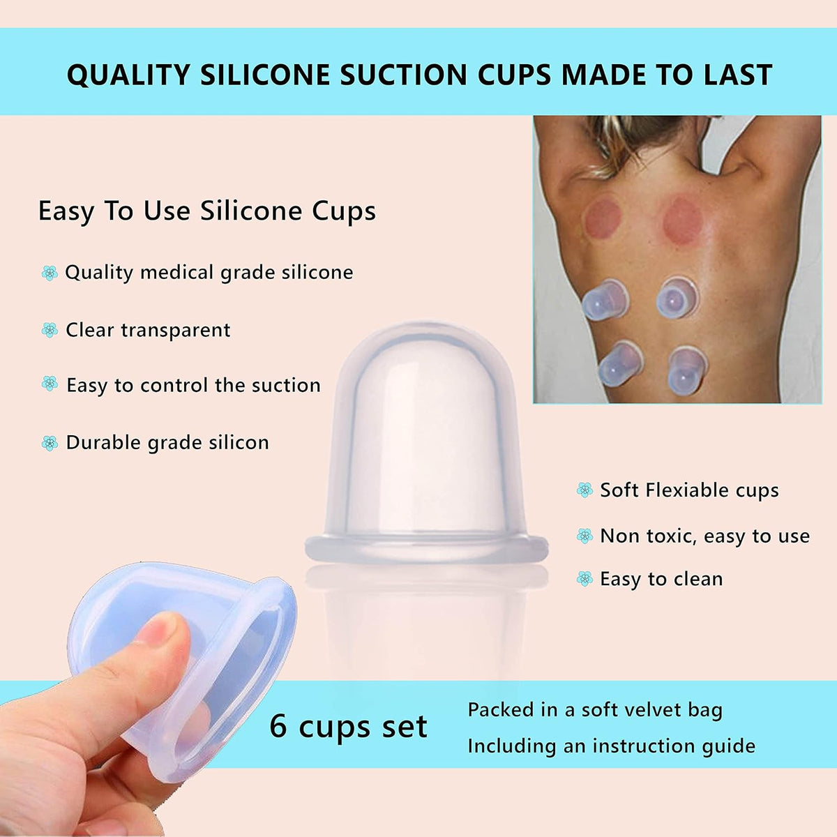 Silicone cupping set, 6 massage cups, 2 sizes, for pain relief | massage therapy cups for arthritis and pain relief, anti-aging and cellulite; cupping kit for relaxation and muscle recovery - view 6