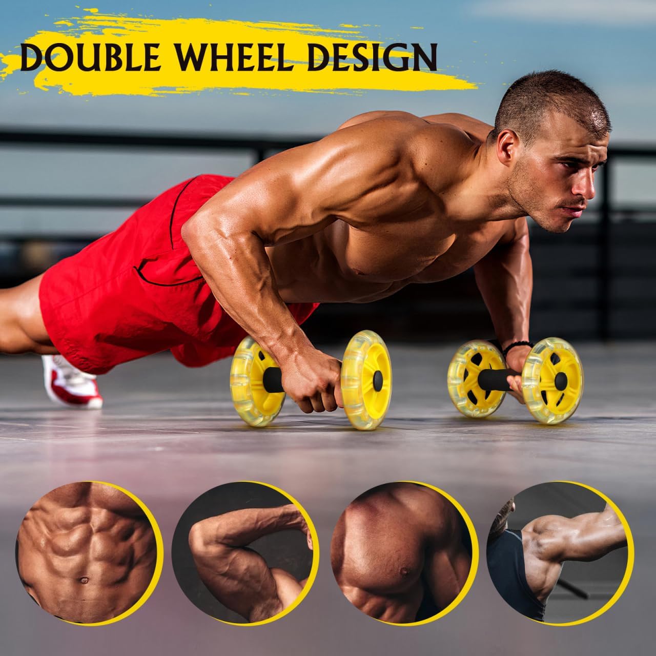 Dual Ab Roller Wheel Set for Core Workout, Portable Abdominal Exercise Equipment with Foam Grip for Home Gym, Lightweight Fitness Training Tool for Men and Women, Yellow - view 4