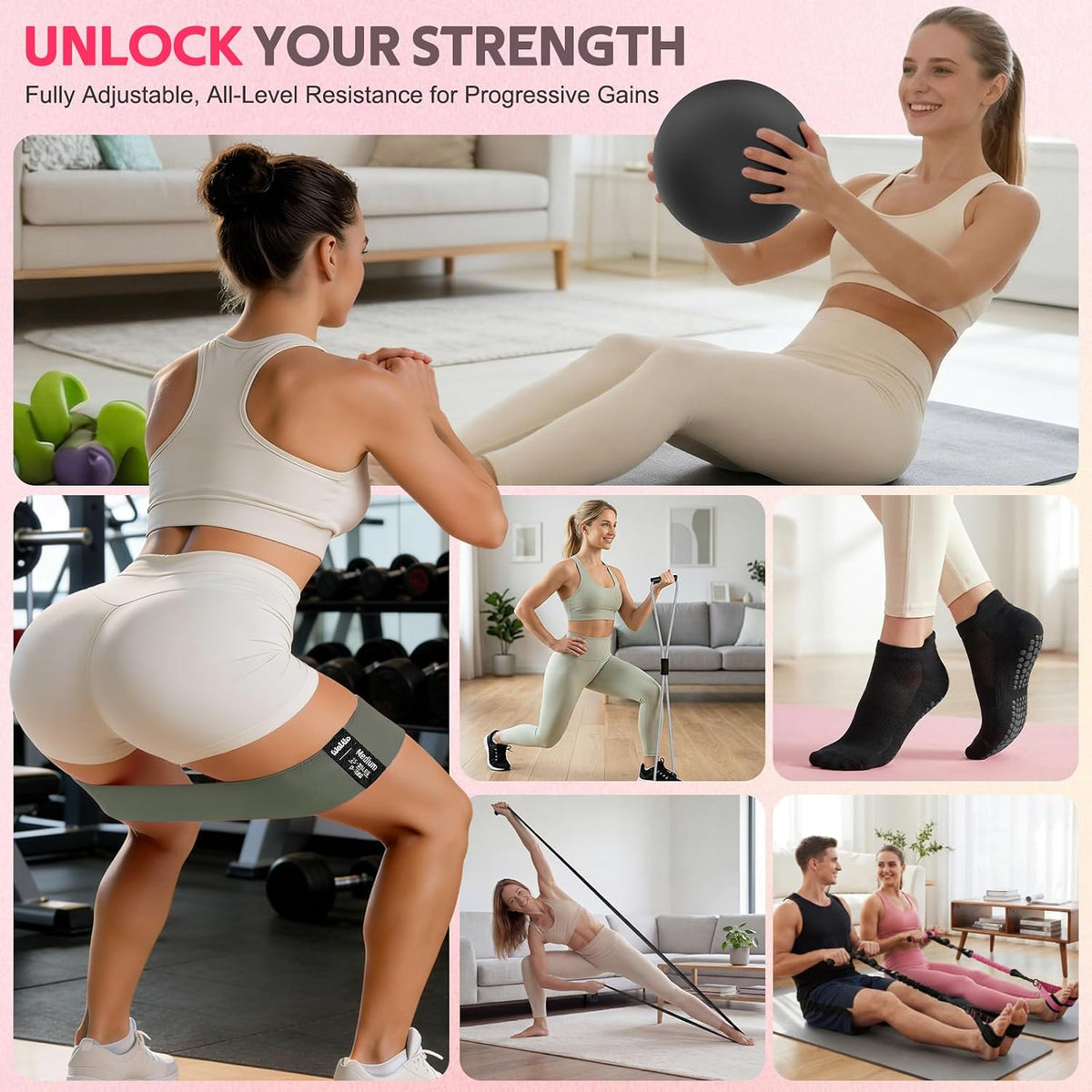 15 PCS Pilates Kit, Adjustable Pedal Resistance Band with Handle, Figure 8 Resistance Band for Exercise Women, At Home Workout Equipment Set with Yoga Ball & Booty Bands for Full Body Gym - view 2