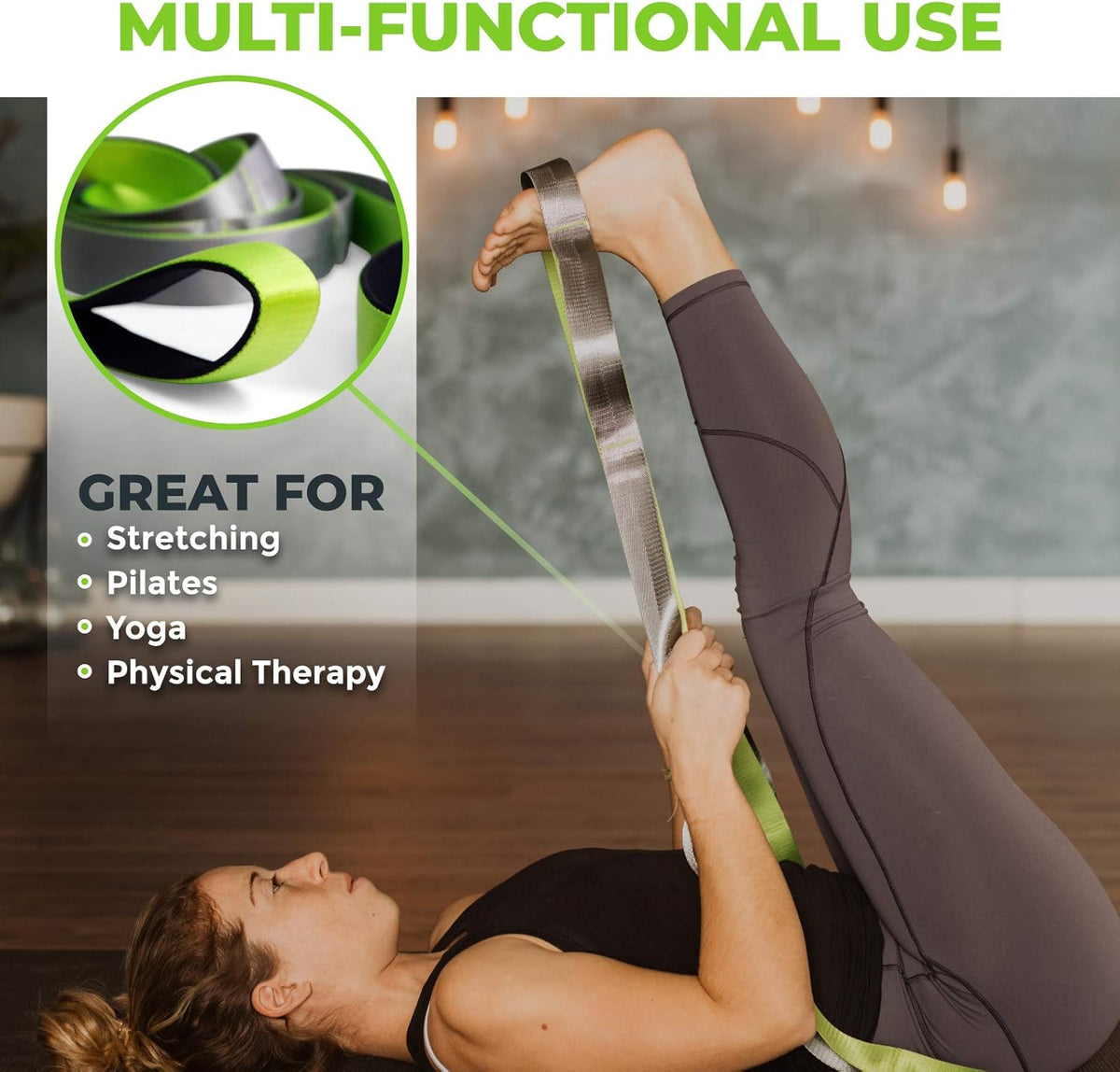 Stretching Strap for Physical Therapy, 12 Multi-Loop Stretch Strap 1.5" W x 8' L, Neoprene Handles, Physical Therapy Equipment, Yoga Straps for Stretching, Leg Stretcher. - view 3