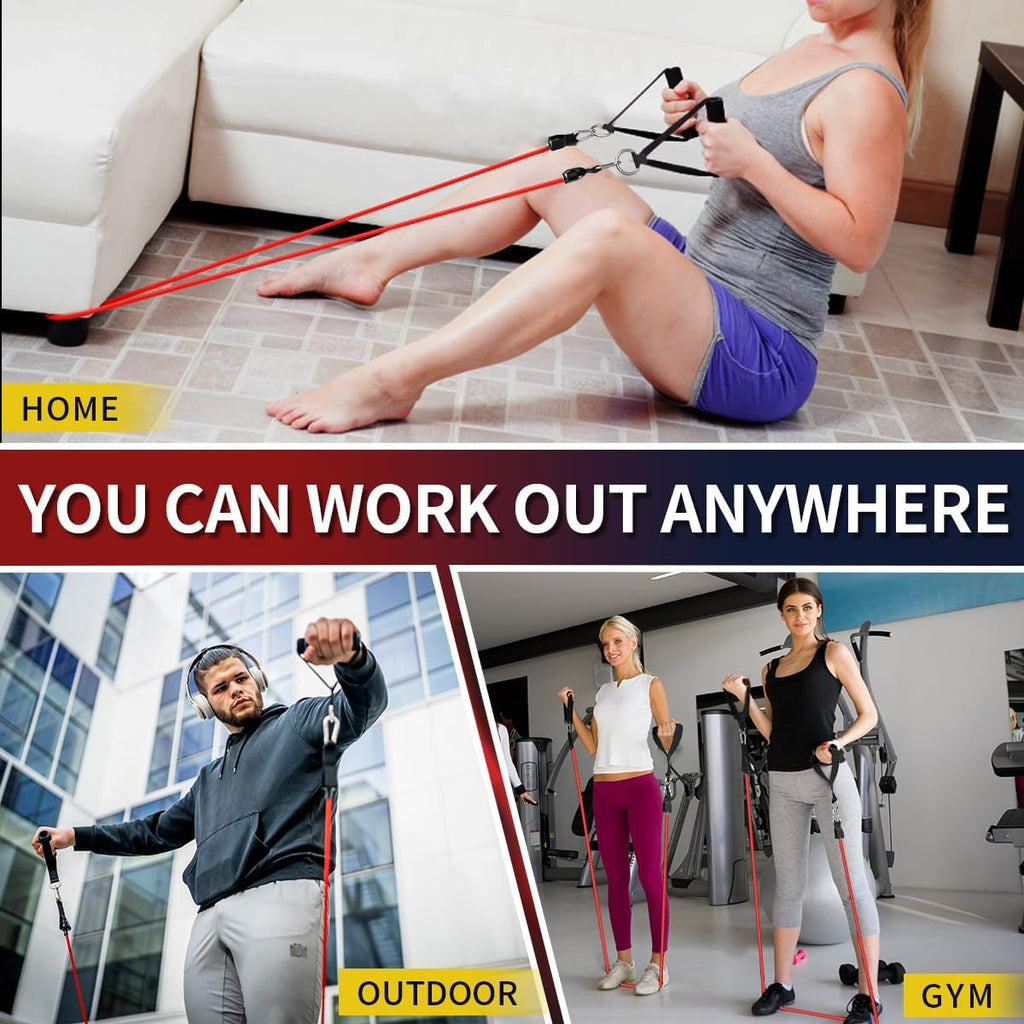 Resistance bands with handles, 5-level exercise bands for workout | natural latex, 10-50 lbs, stackable to 150, ankle straps, door anchor, guide. For strength, yoga, home gym, travel & workout - view 5