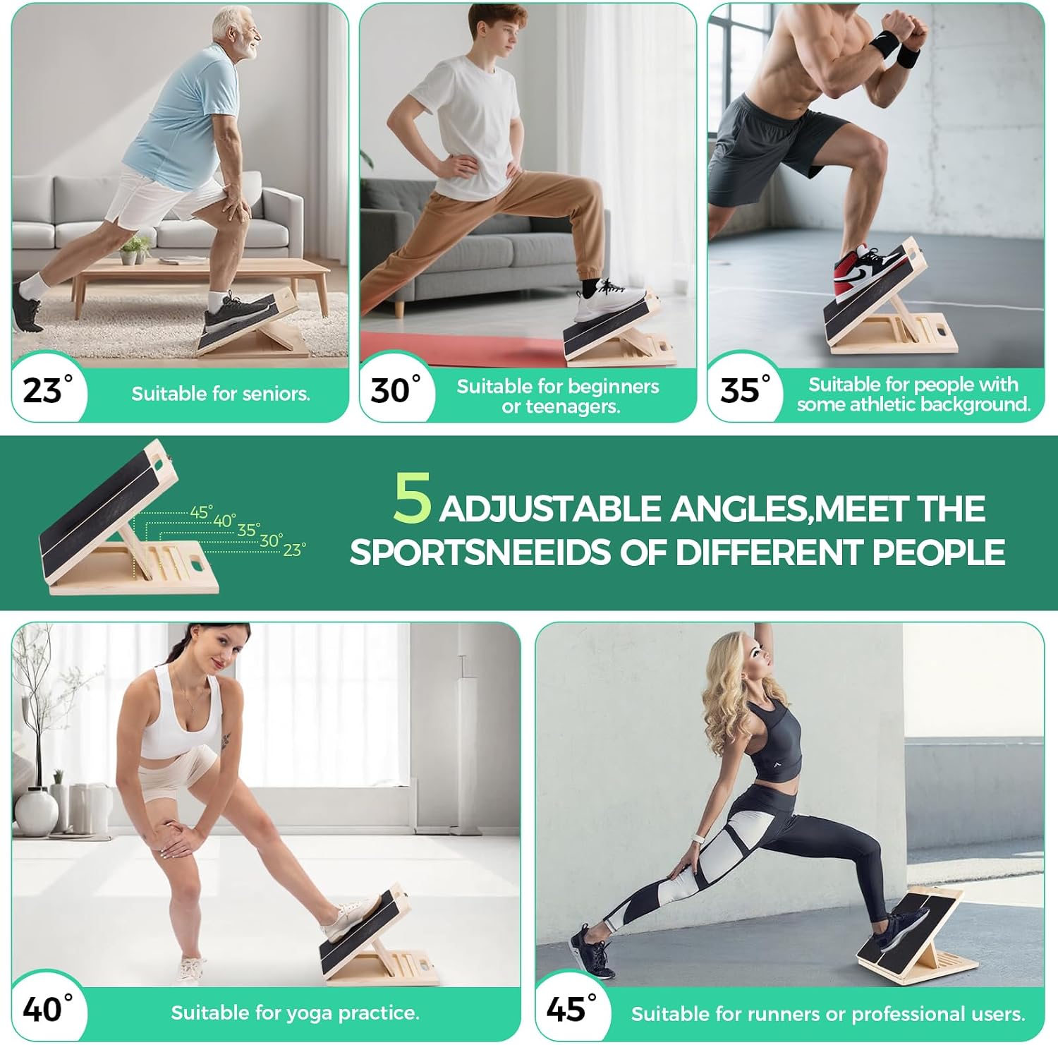 Slant board for calf stretching, 5 angle portable adjustable calf wooden stretch board with training poster, 300lb weight capacity for ankle heel feet leg knees physical therapy equipment - view 5