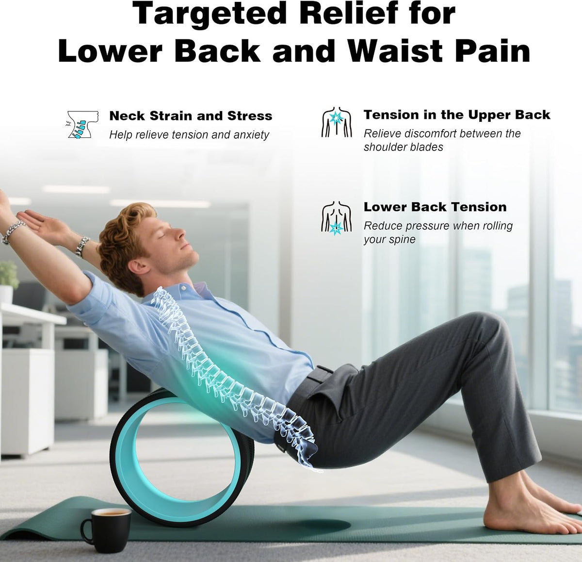 3 pack back roller - yoga wheel for back pain relief & stretching, back wheel for deep tissue massage, foam roller for physical therapy & exercise | blue - view 3