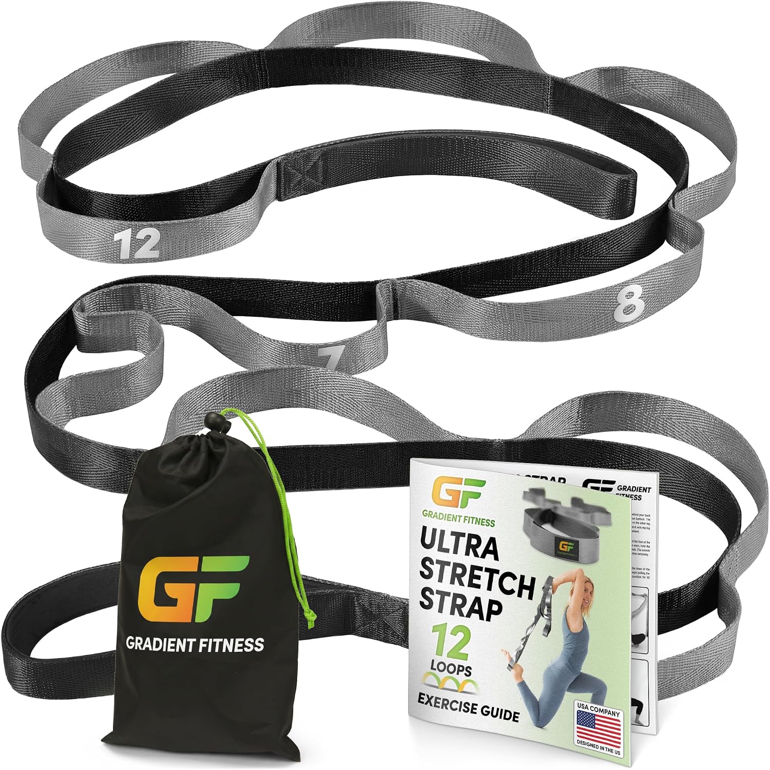 Stretching Strap for Physical Therapy, 12 Multi-Loop Stretch Strap 1" W x 8' L, Neoprene Handles, Physical Therapy Equipment, Yoga Straps for Stretching, Leg Stretcher.
