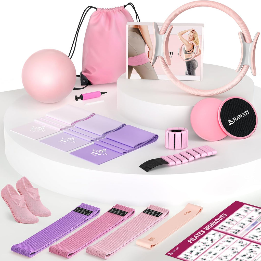 Pilates Kit, Home Pilates Workout Kit for Women, Pilates Equipment with 14.5" Pilates Ring and Ball, Resistance Bands, Ankle Weights, Sliders & Grip Socks for Home Workouts