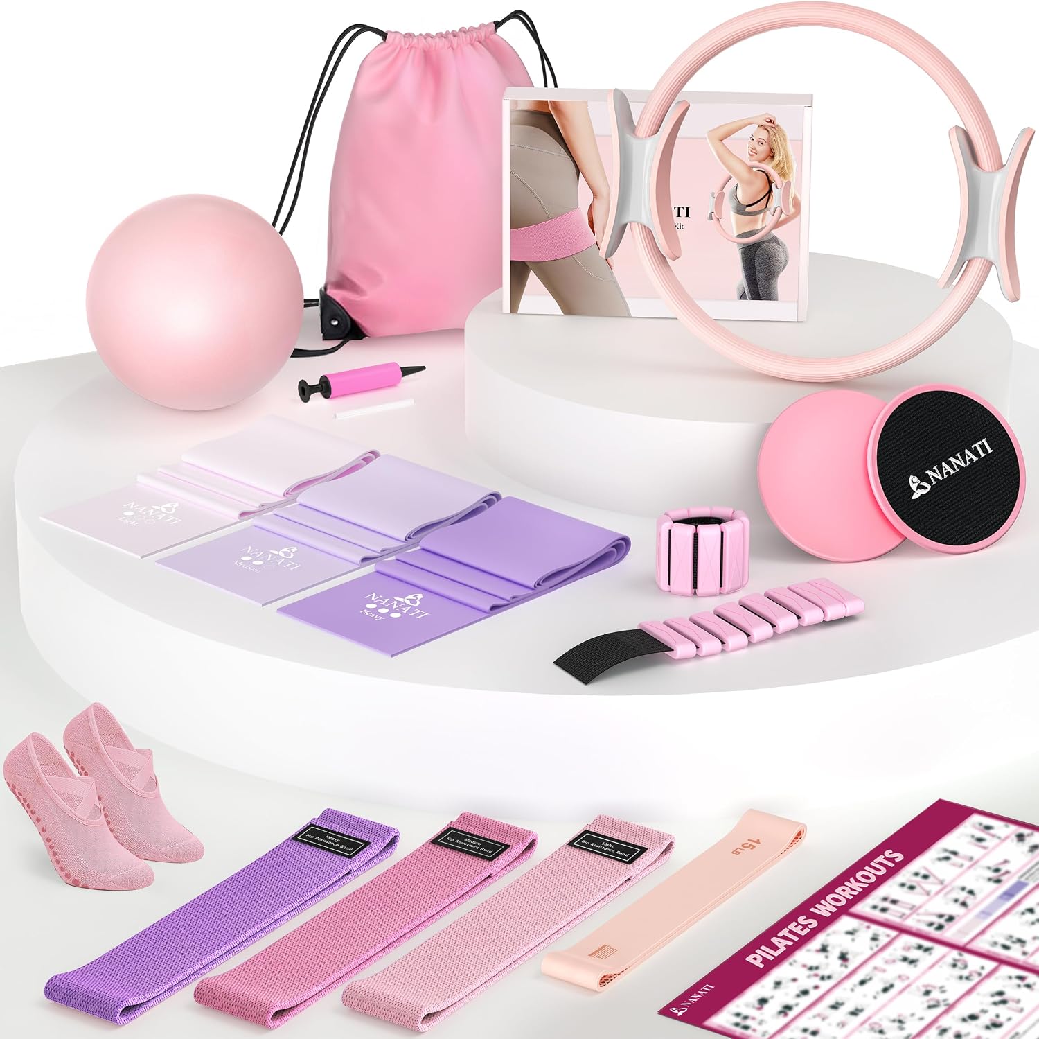 Pilates Kit, Home Pilates Workout Kit for Women, Pilates Equipment with 14.5" Pilates Ring and Ball, Resistance Bands, Ankle Weights, Sliders & Grip Socks for Home Workouts