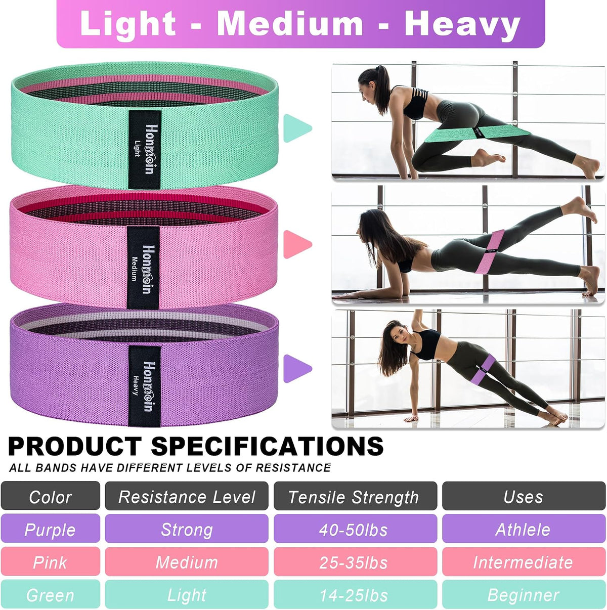 Resistance bands for working out, 3 levels fabric exercise bands set | workout bands set for women men, hip legs booty bands for home fitness, gym, yoga, pilates - view 2
