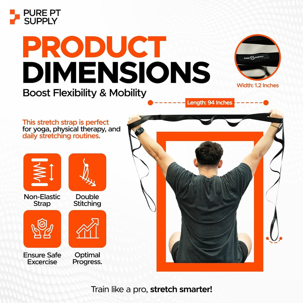 Pure PT Stretching Strap, 10 Loops, Non-Elastic Stretch Strap, Yoga Strap | Flexibility Training, Non-Elastic, Leg & Hamstring Stretcher, Rehab, Pilates, Home & Gym Use, Workout Guide Included - view 3