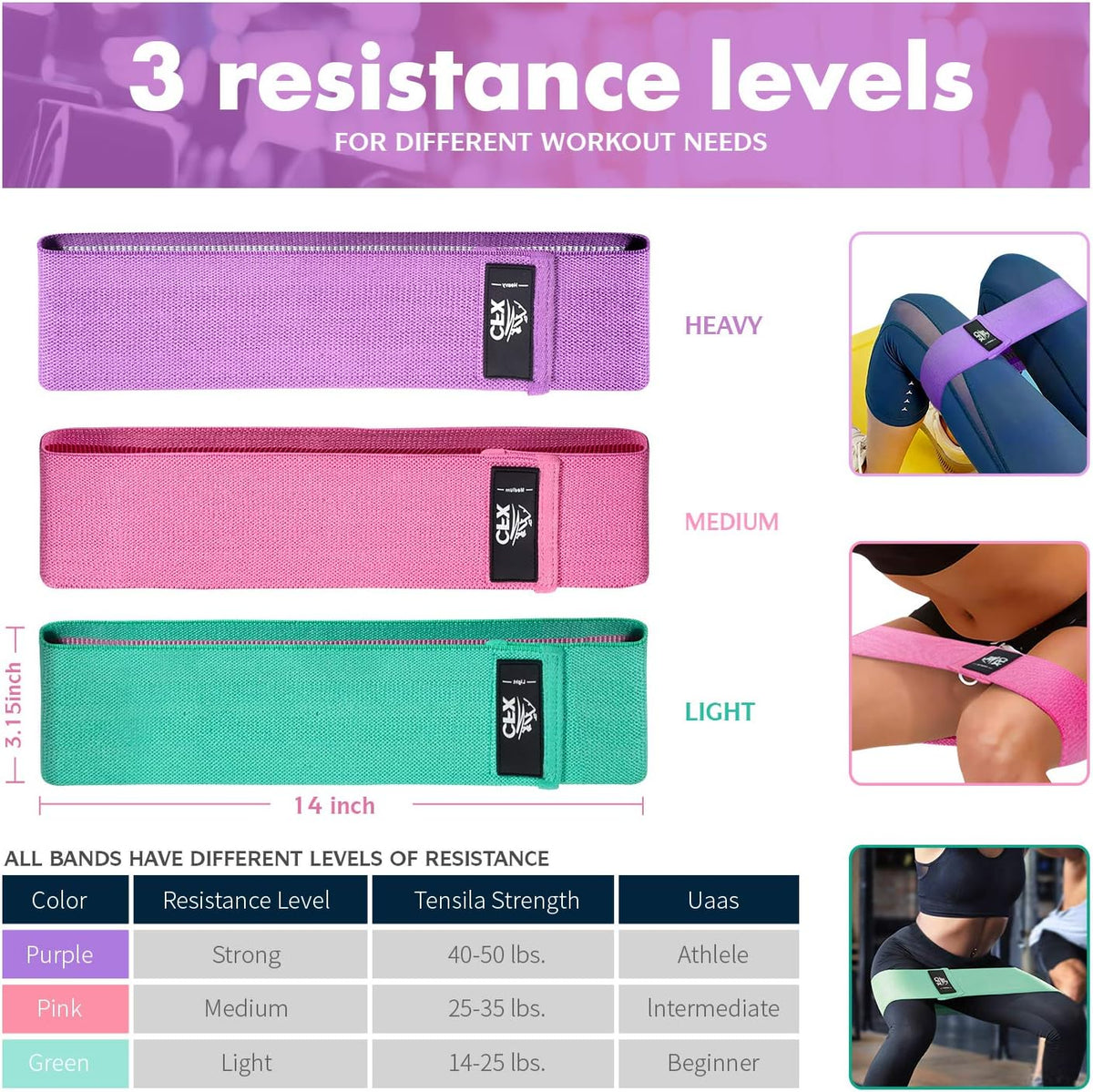 Resistance Bands Set, Exercise Bands with Non-Slip Design for Hips & Glutes, 3 Levels Workout Bands for Women and Men, Booty Bands for Home Fitness, Yoga, Pilates - view 4