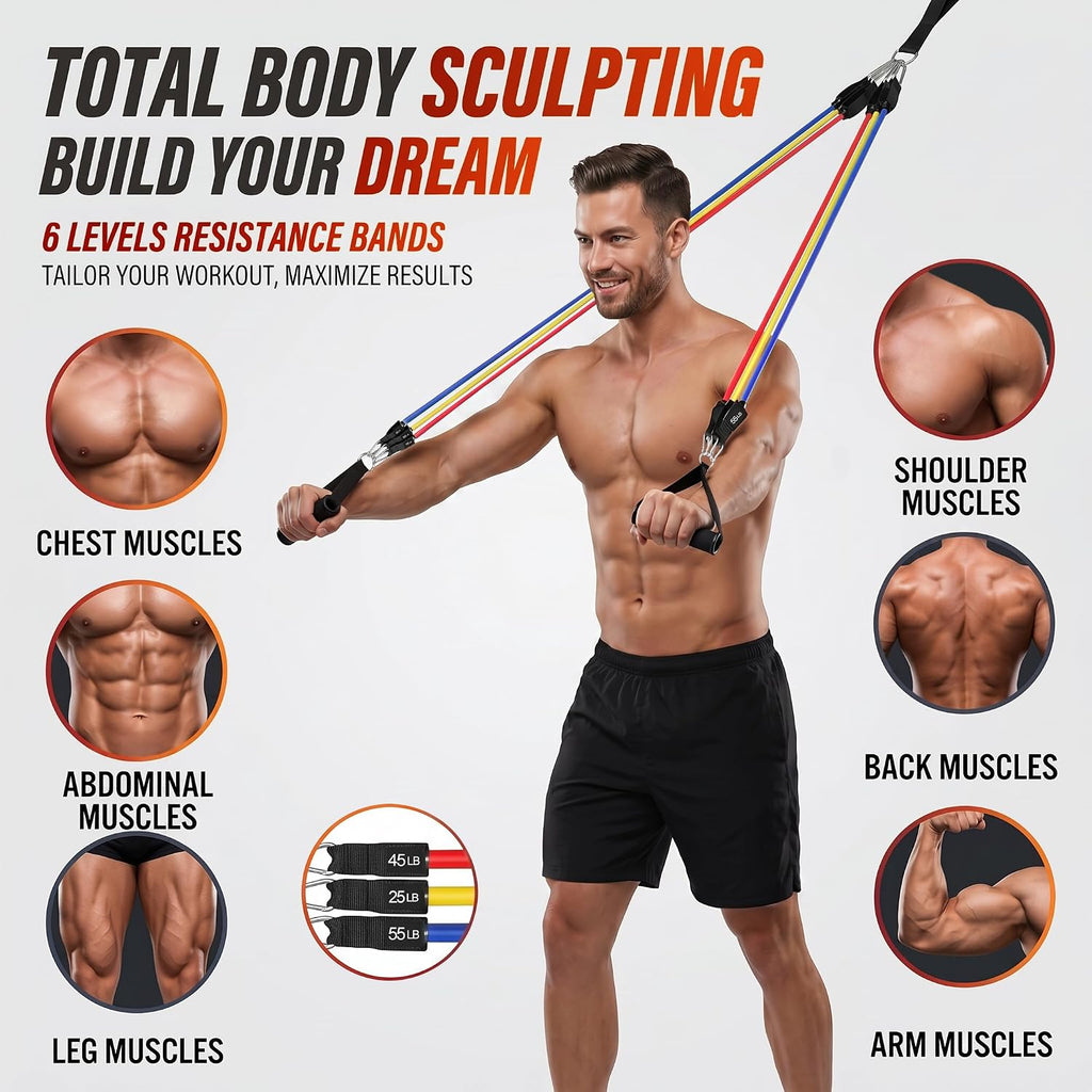 Resistance Bands, Exercise Bands with Handles, Workout Bands for Working Out, Fitness Bands Set for Home Gym Full Body Strength Training, Muscle Tone, Yoga & Stretching - view 5