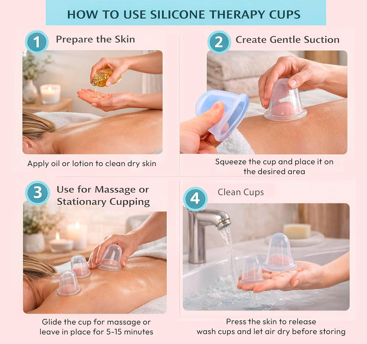 Silicone cupping set, 6 massage cups, 2 sizes, for pain relief | massage therapy cups for arthritis and pain relief, anti-aging and cellulite; cupping kit for relaxation and muscle recovery - view 4